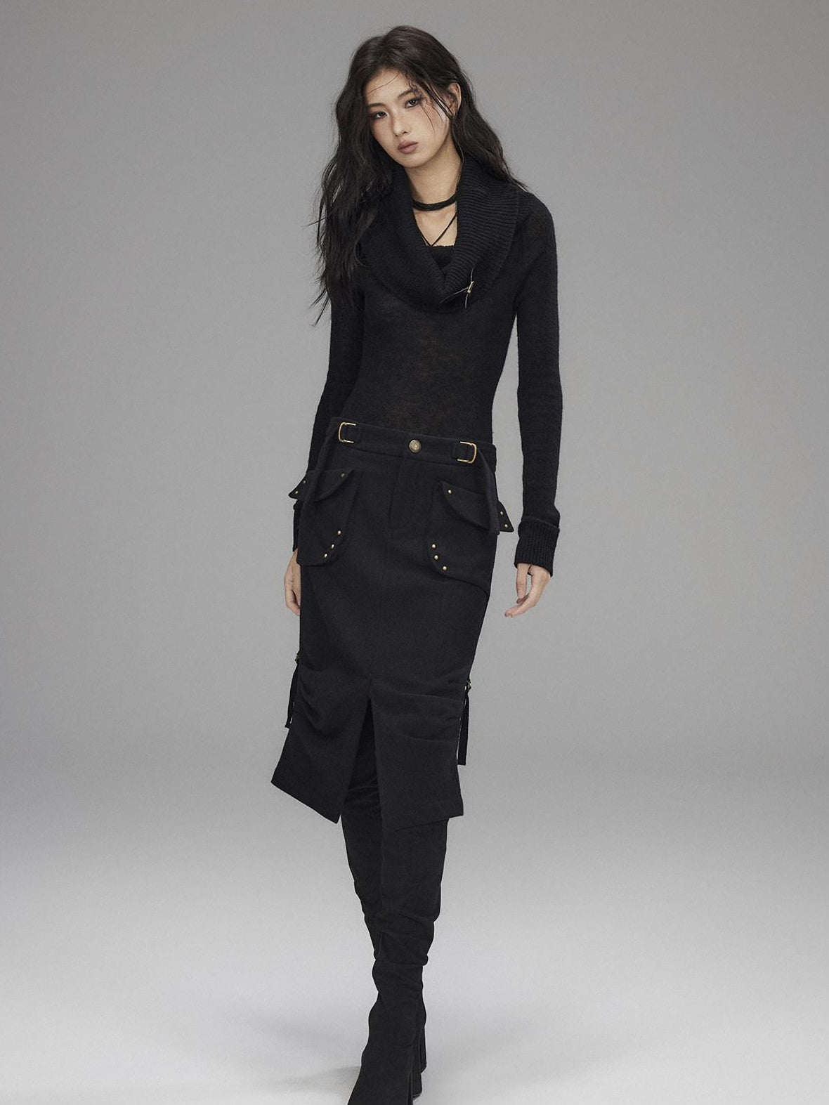 Wool Blend Low Rise Cargo Pockets Front Slit Hline Casual Black Midi Skirts