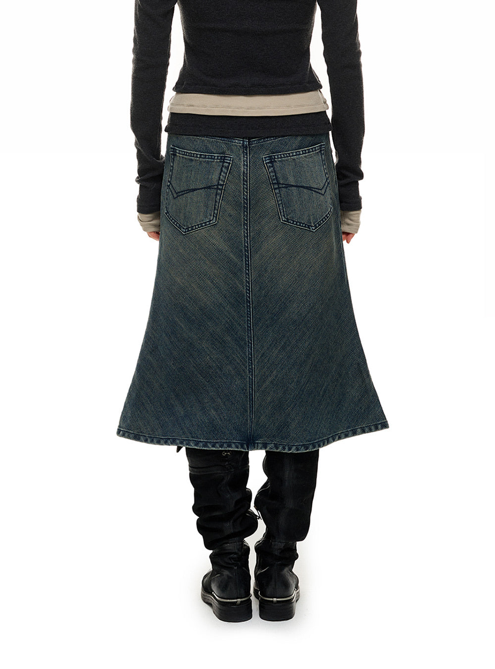 Distressed Washed Denim Fishtail Skirt