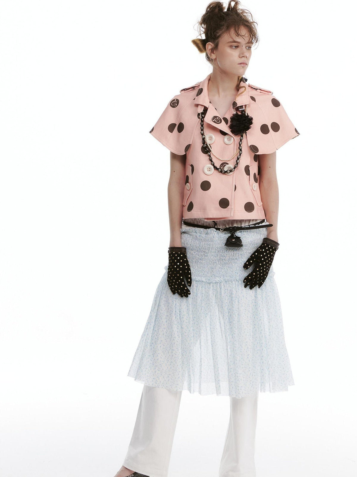 Windproof Cotton Stretch Cute Cropped Doublebreasted Unisex Polka Dot Blouses