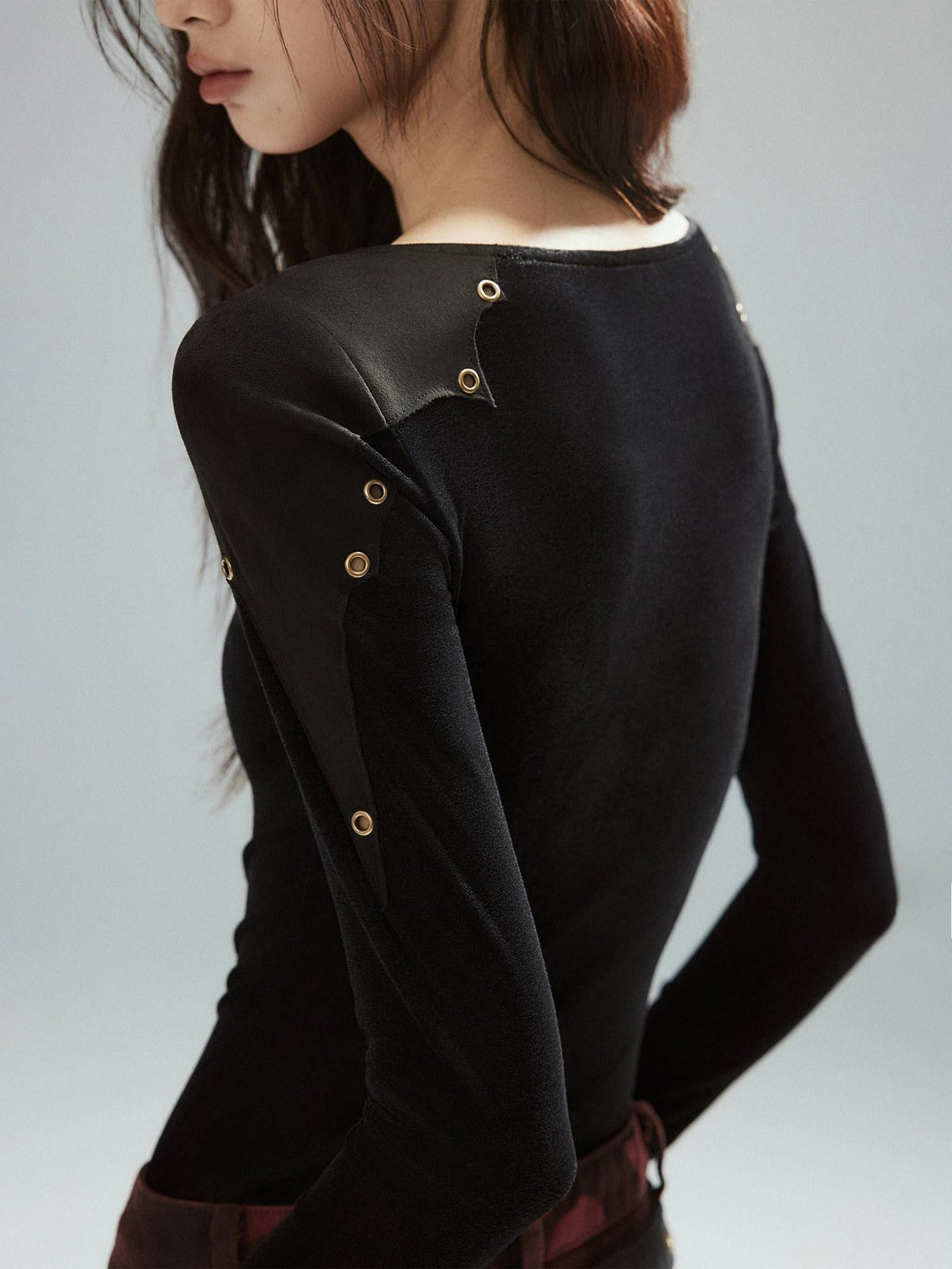Slim Fit Patchwork Casual Crewneck Black Stretch Young Women Long Sleeve T-Shirts