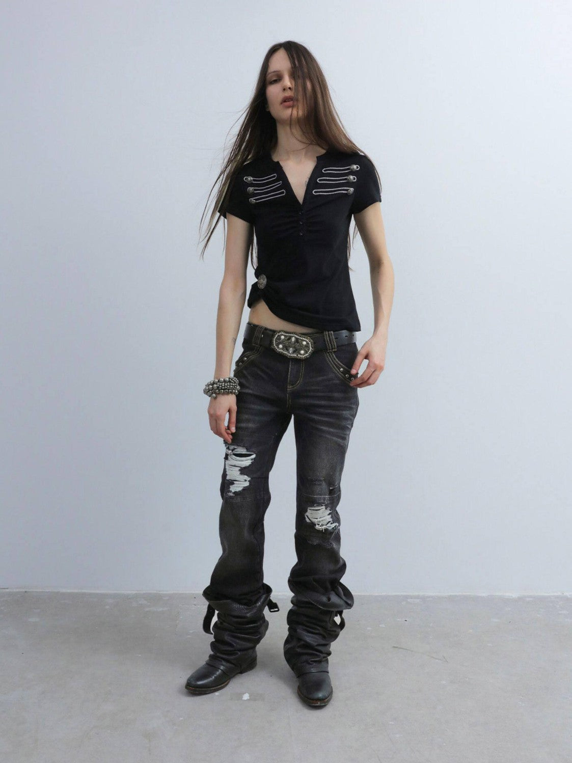 Dark Wash Whisker Distressed Ripped Low Rise Women'S Cotton Straight-Leg Jeans