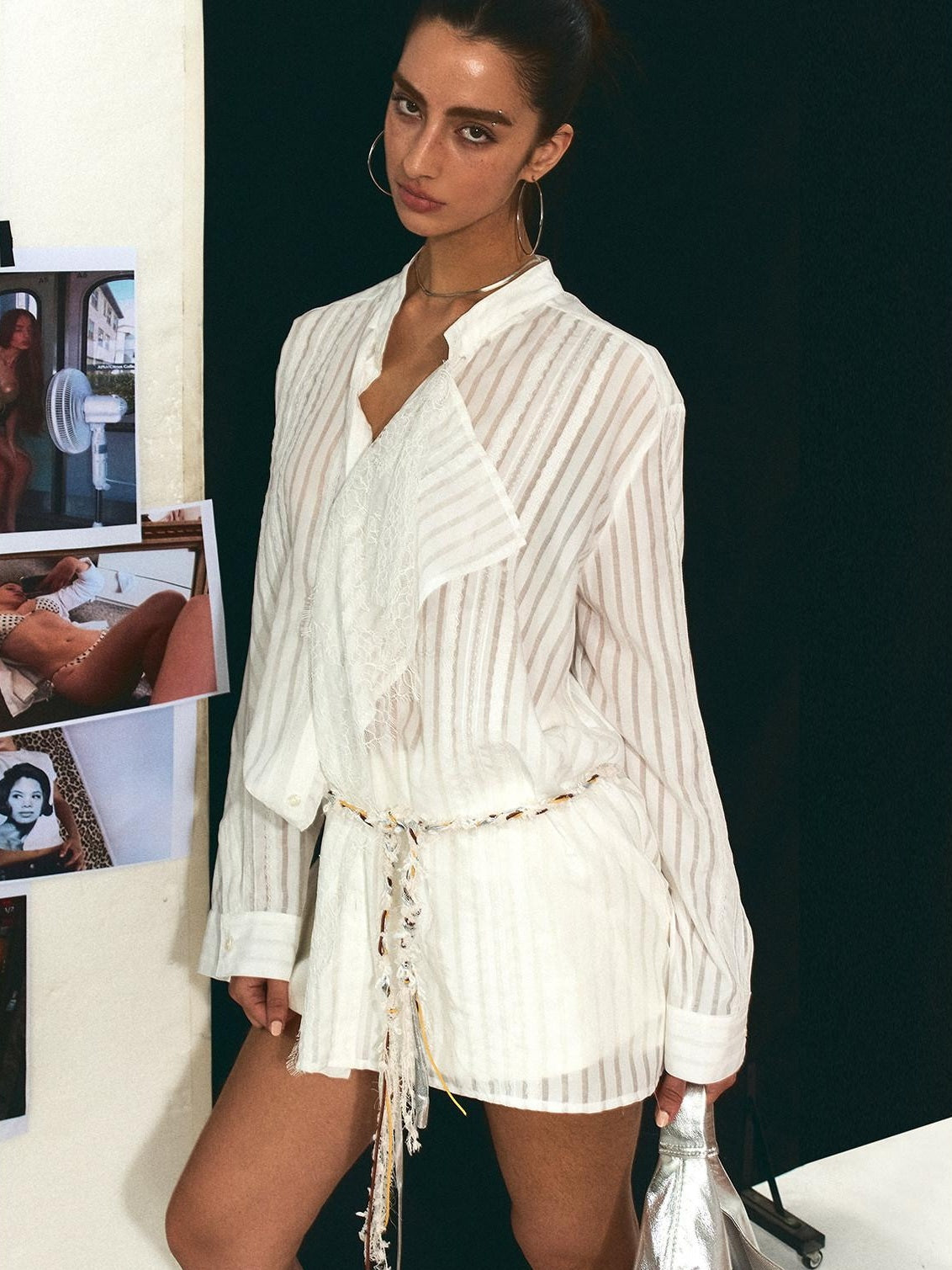 Breathable French Slim Button Stripe Open Cardigan Waist Tie Women Shirts