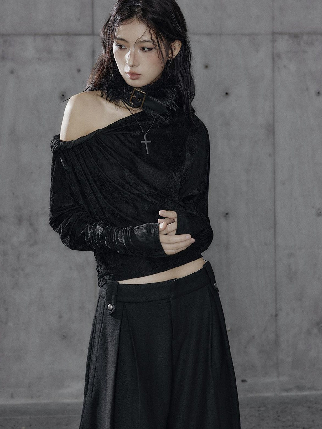 Vintage Waist Long Sleeve Slant Neck Black Knit Women Off Shoulder Crop Tops