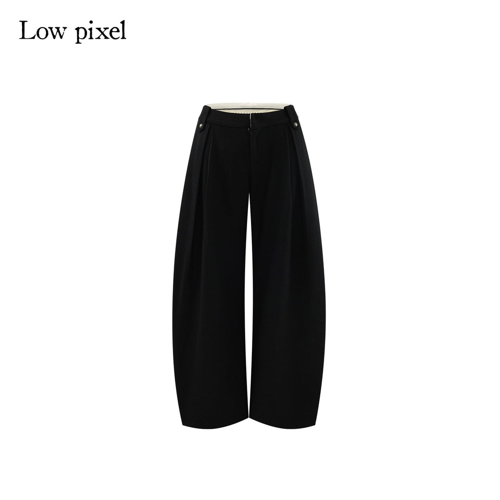 Black Wool Blend Low Rise Zipper Casual Straight Hem Women Wide Leg Pants