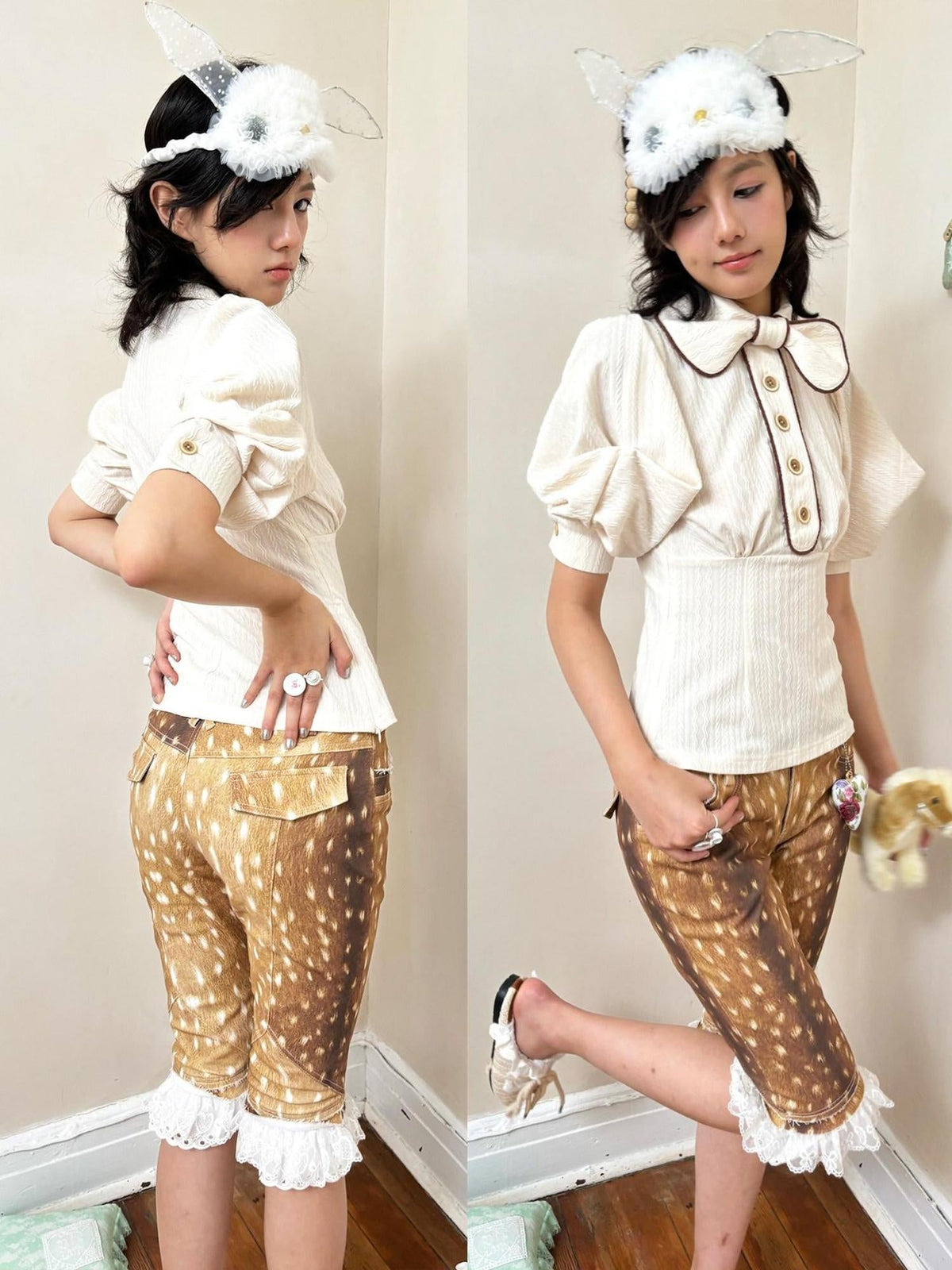 Cute Deer Print Double Layer Denim Casual Natural Waist Girls Mid-Length Shorts