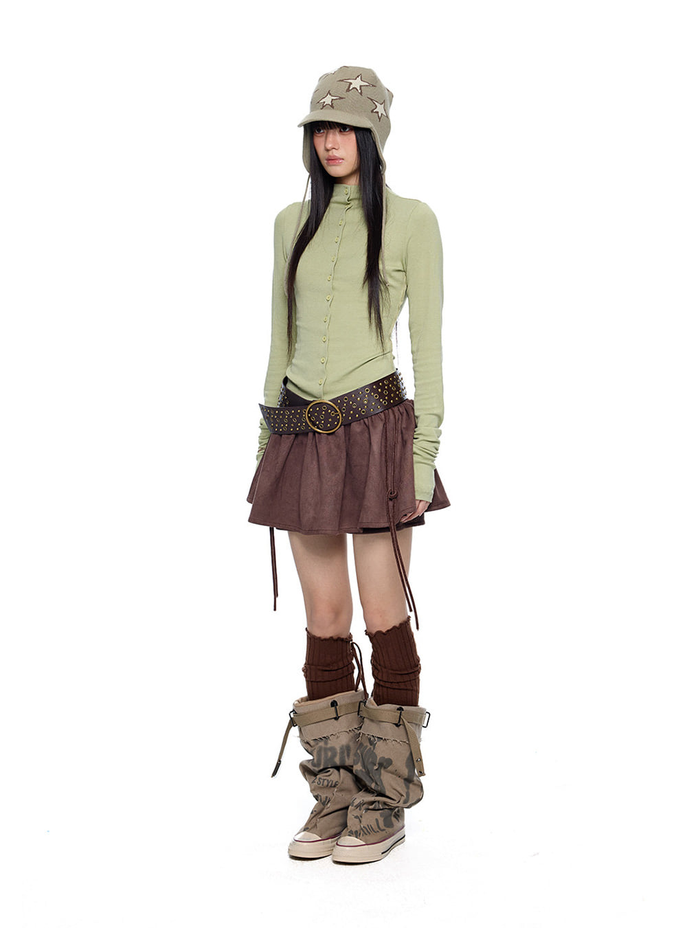 Studded Drawstring Layered Mini Skirt