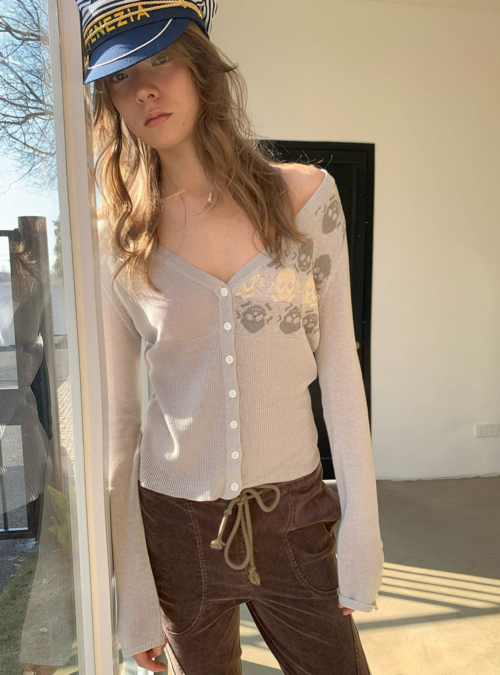 Muted Grey Skull Jacquard Cardigan