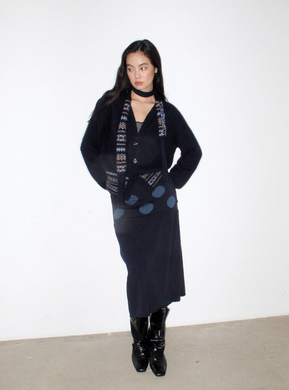 Navy Diamond Knit Open Cardigan