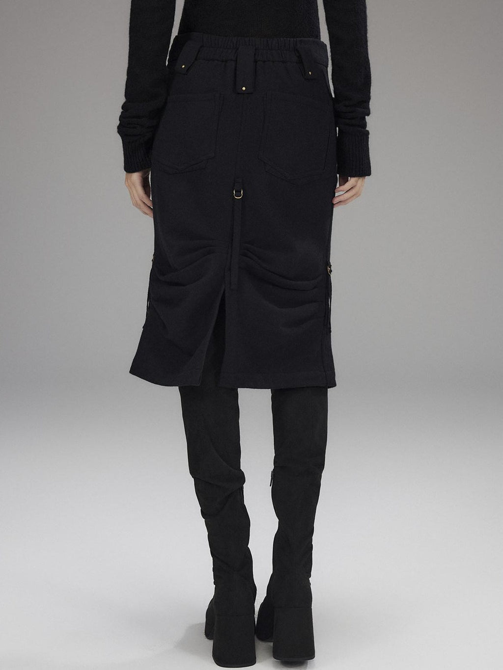 Wool Blend Low Rise Cargo Pockets Front Slit Hline Casual Black Midi Skirts