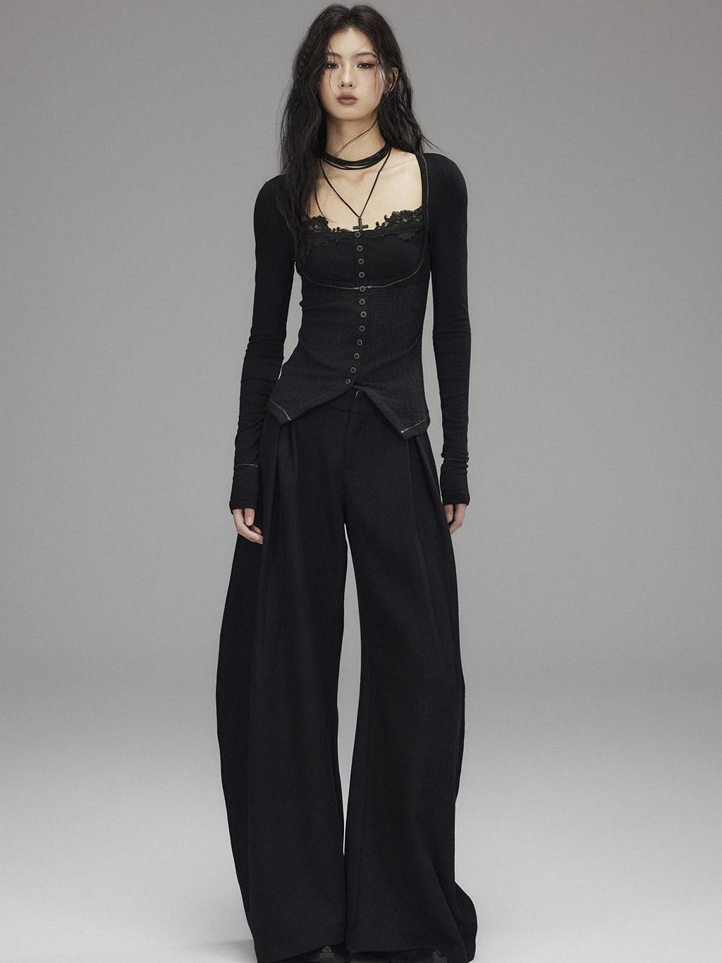 Black Wool Blend Low Rise Zipper Casual Straight Hem Women Wide Leg Pants