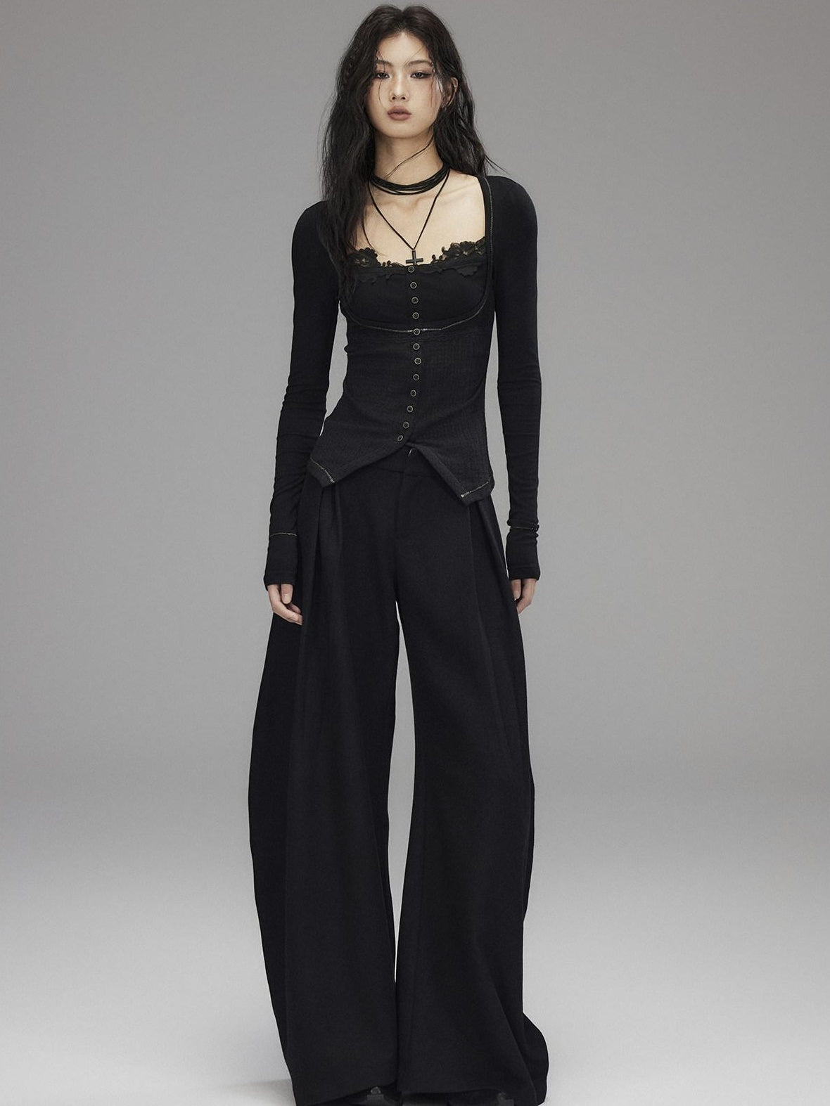 Black Wool Blend Low Rise Zipper Casual Straight Hem Women Wide Leg Pants