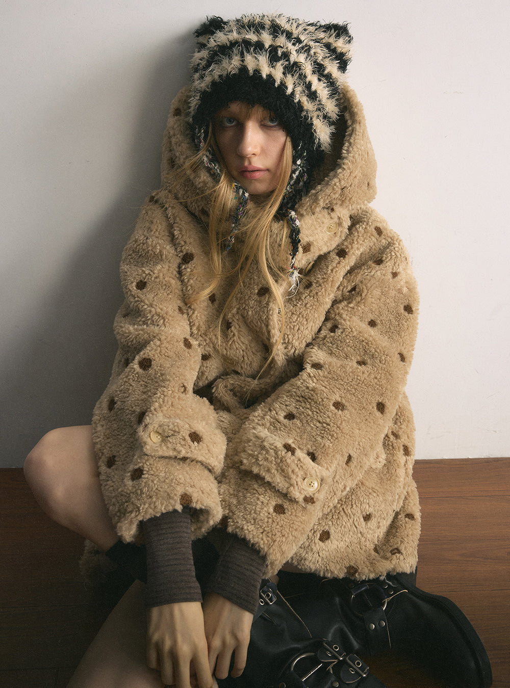 Brown Dot Fleece Hooded Coat