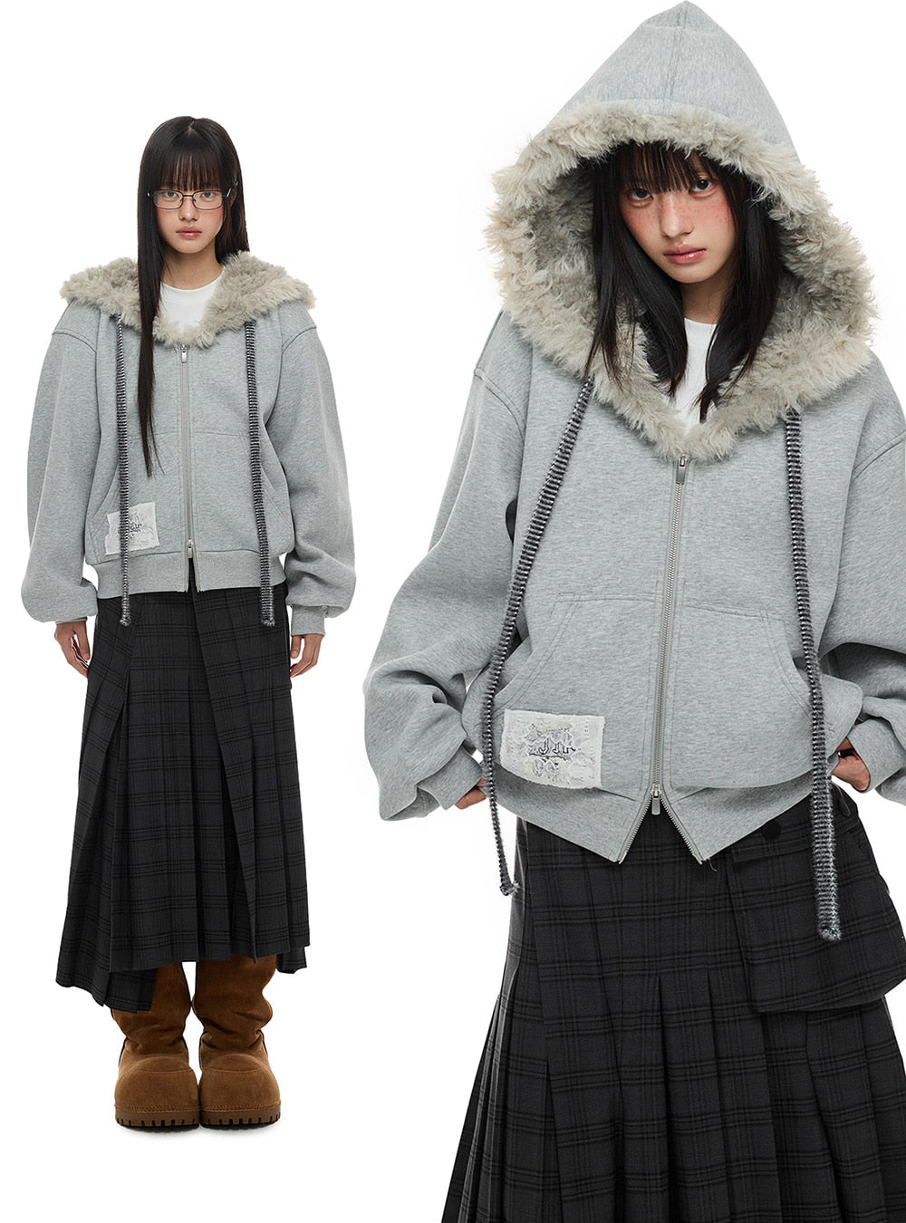 Gray Fuzzy Hood Cloud Jacket