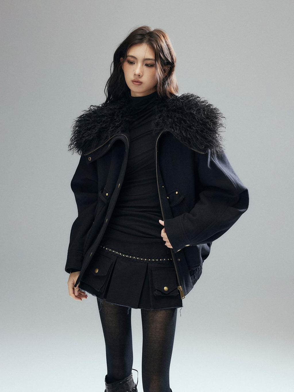 Thick Wool Blend Multi Pocket Loose Fit Sexy Girl Black Zipper Cropped Jackets