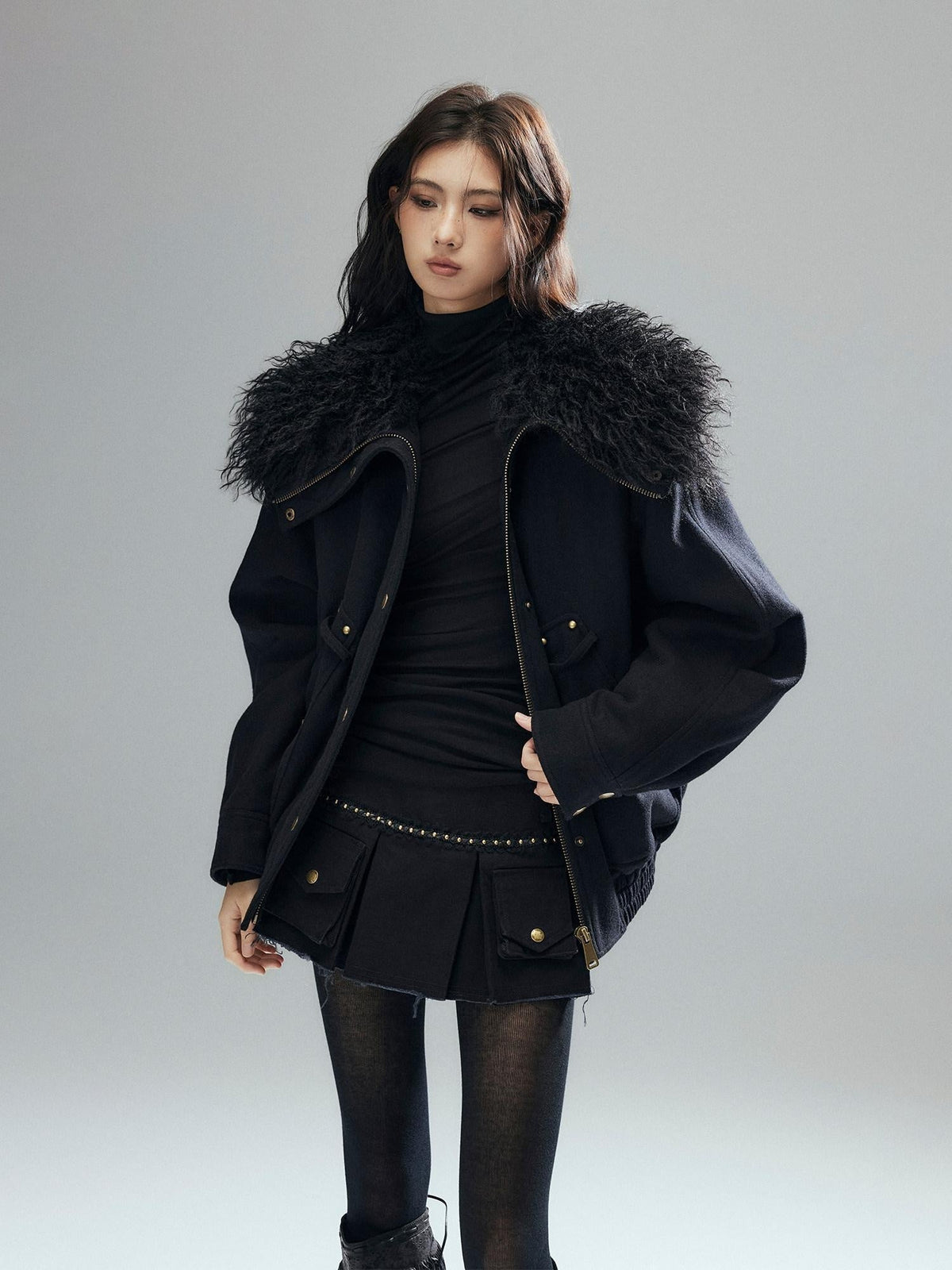 Thick Wool Blend Multi Pocket Loose Fit Sexy Girl Black Zipper Cropped Jackets