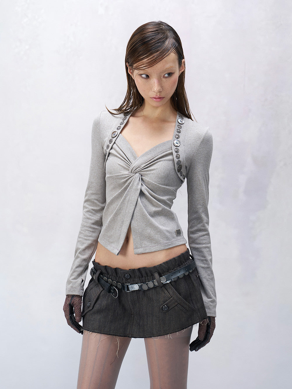 Long Sleeve Patchwork Knit Crop