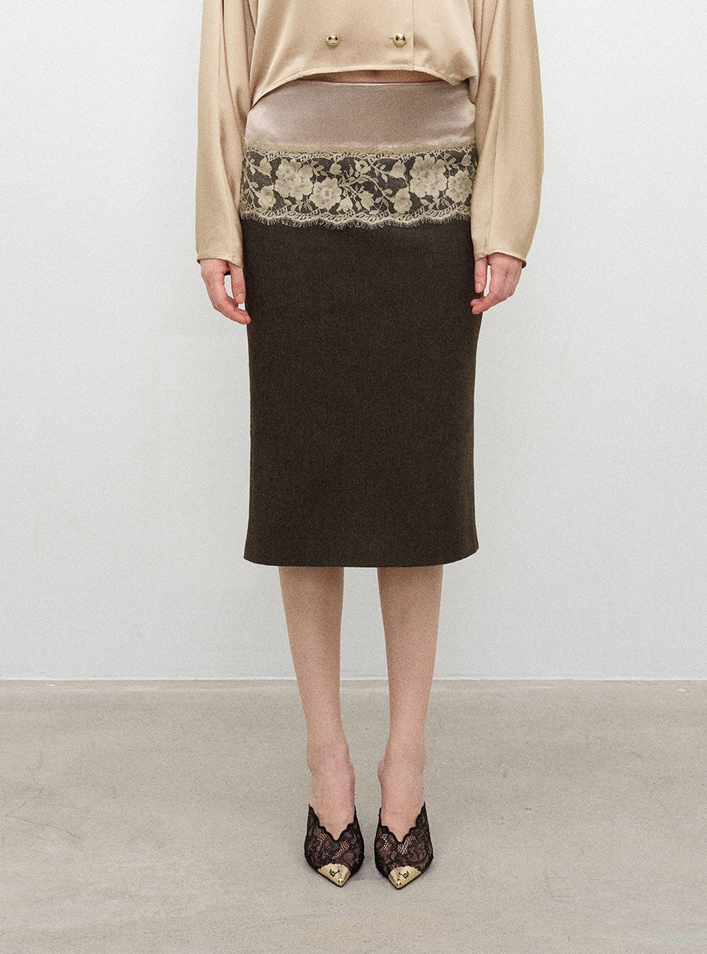 Lace Satin Trim Midi Skirt
