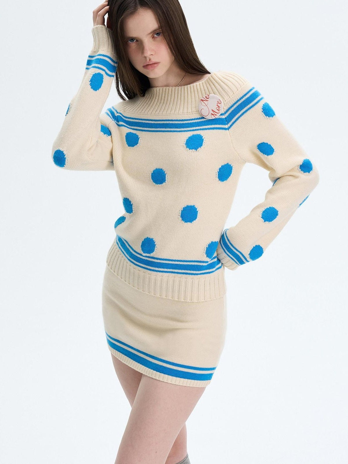 Cozy Thermal Acrylic Wool Polka Dot Boat Neck Relaxed Women Knit Sweaters