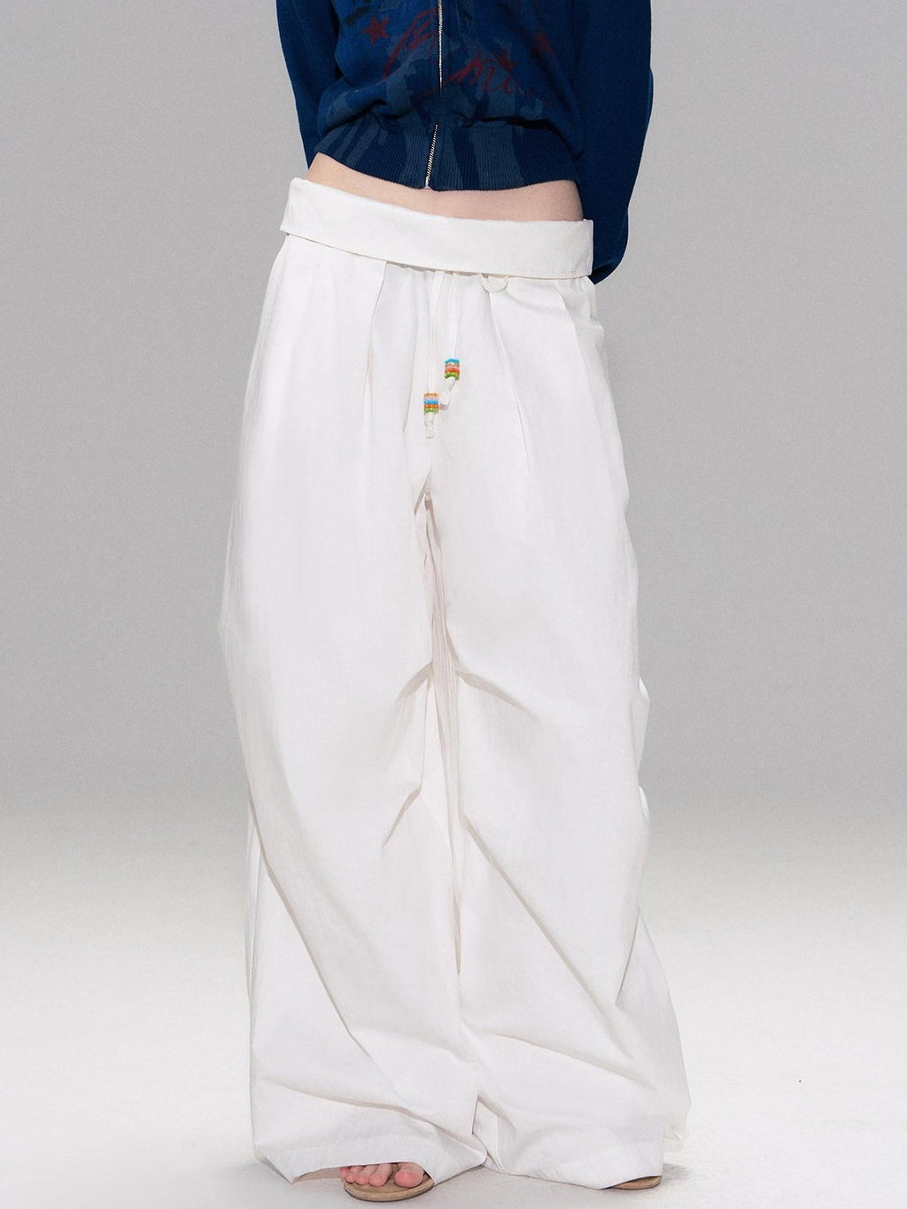 Cotton Blend Vintage Curved Cut Natural Waist Women White Wide Leg Pants