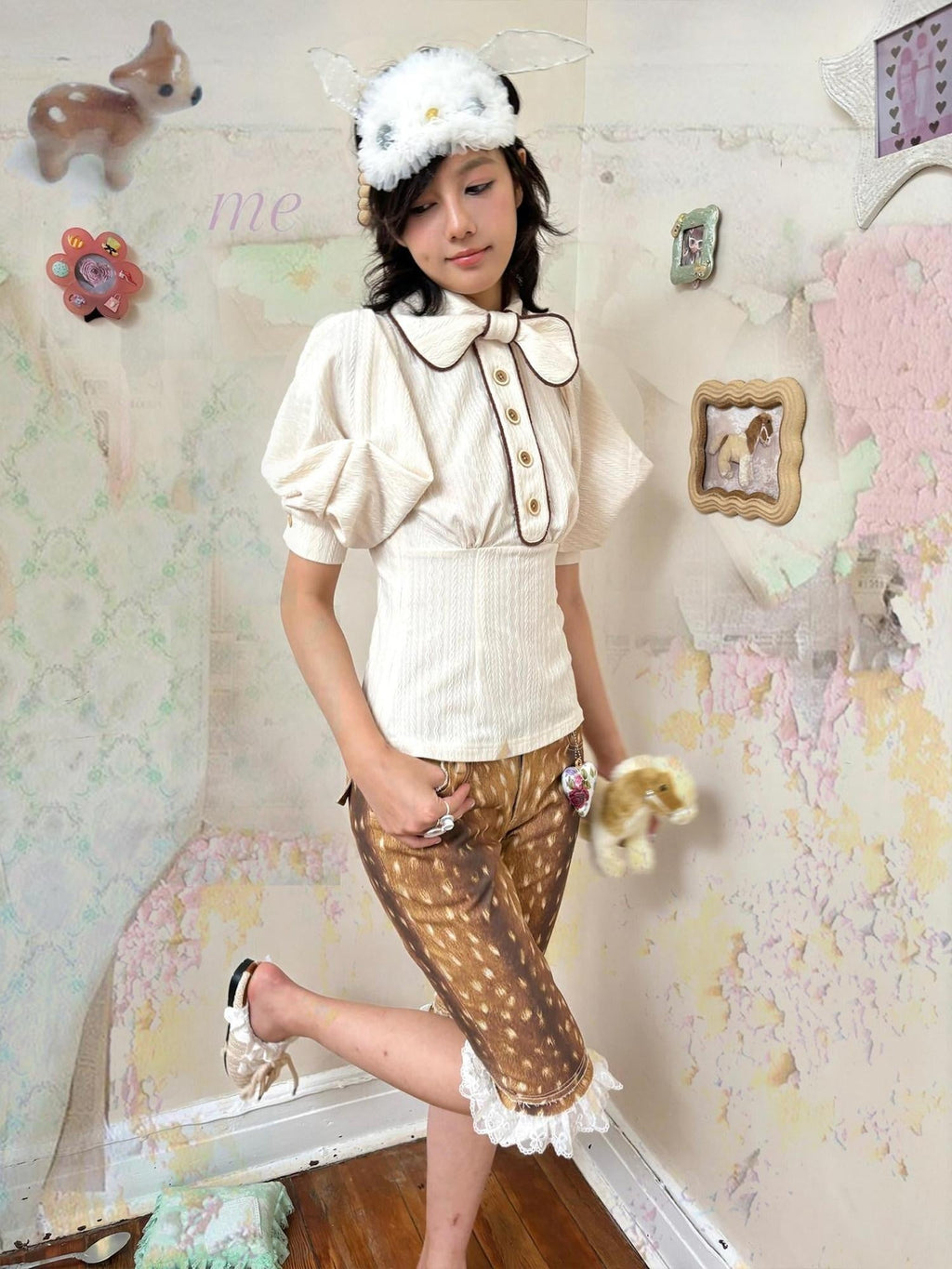 Slimming Cute Loose Folded Princess Short Sleeve Unisex Shape Retaining Blouses