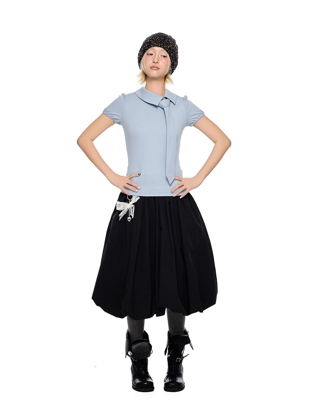Tie Slim Fit Short Sleeve Top (2color)