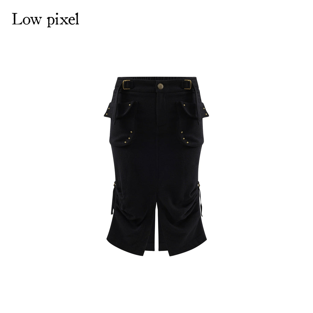Wool Blend Low Rise Cargo Pockets Front Slit Hline Casual Black Midi Skirts