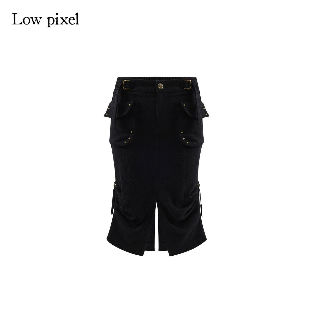 Wool Blend Low Rise Cargo Pockets Front Slit Hline Casual Black Midi Skirts