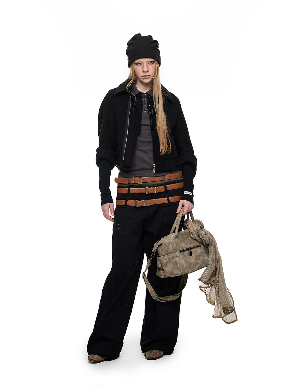 Triple Waist Belt Studded Wide Pants