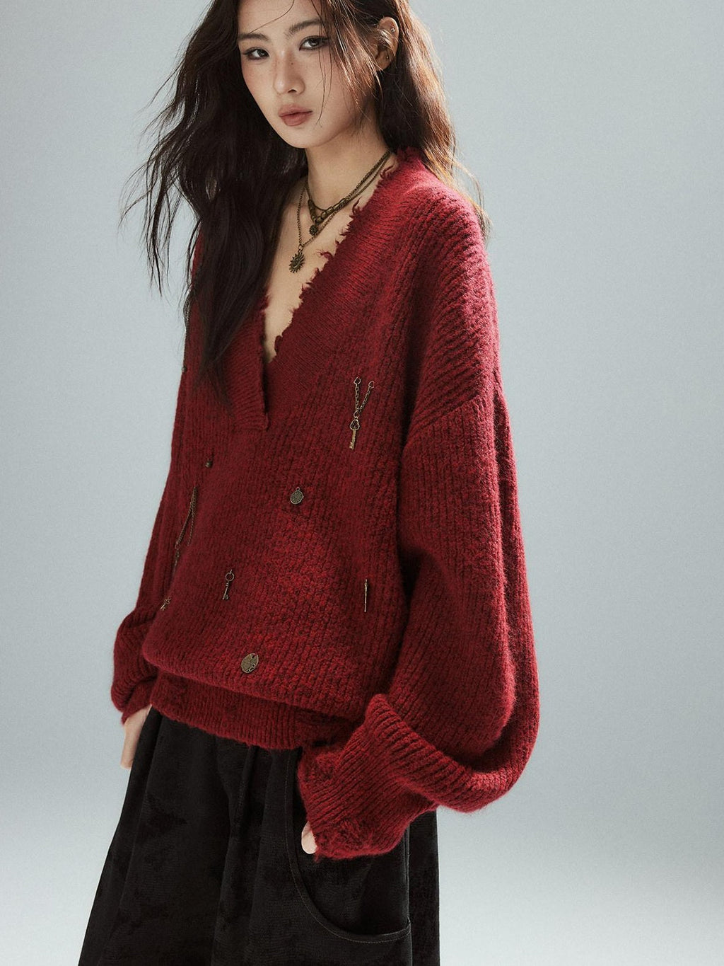 Warm Oversized Street Raw Hem Women V-neck Red Pullover Sweaters