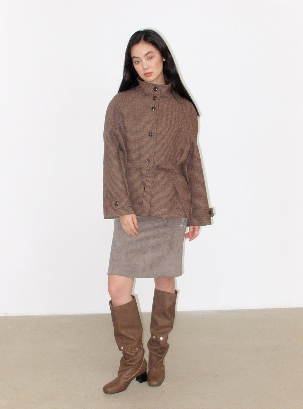 Brown Check Mid-Length Waist Tie Coat
