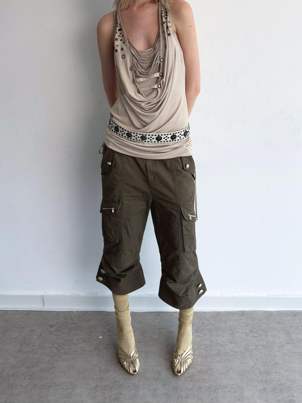 Vintage Biker Washed Cargo Women'S Cotton Flare Cropped Pants