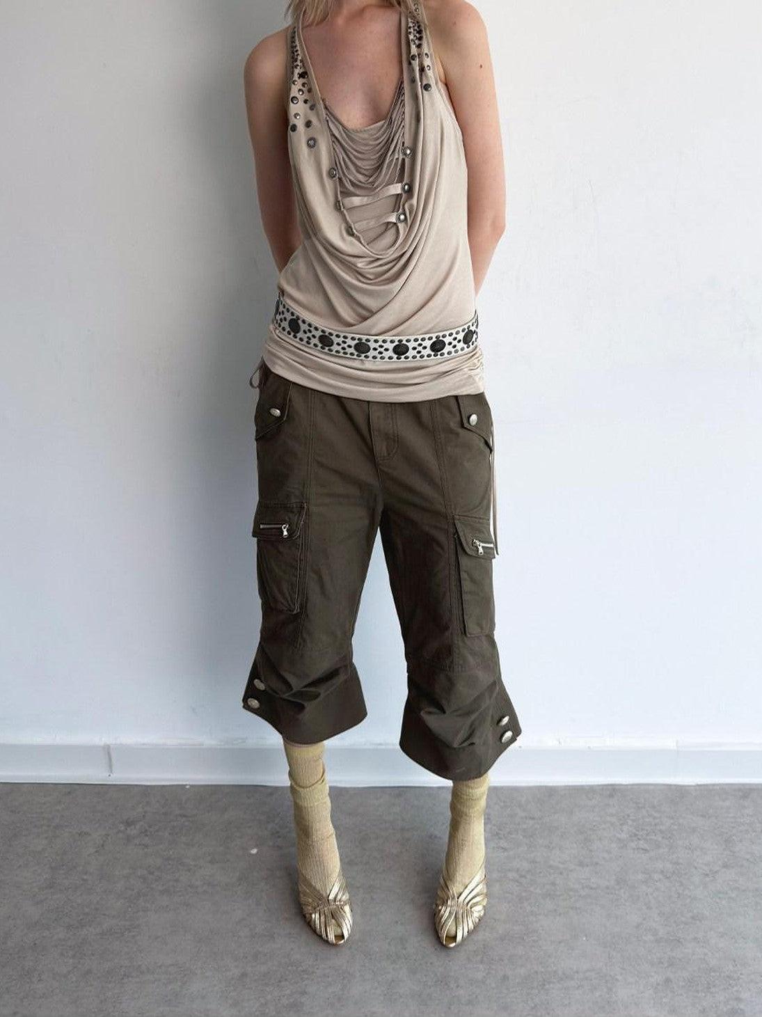 Vintage Biker Washed Cargo Women'S Cotton Flare Cropped Pants