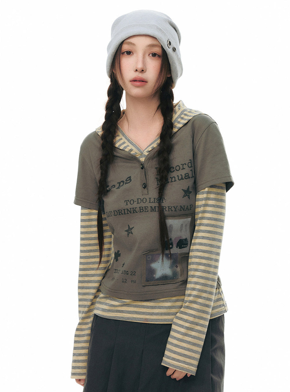 Lazy Record Layered Hoodie Top (2color)