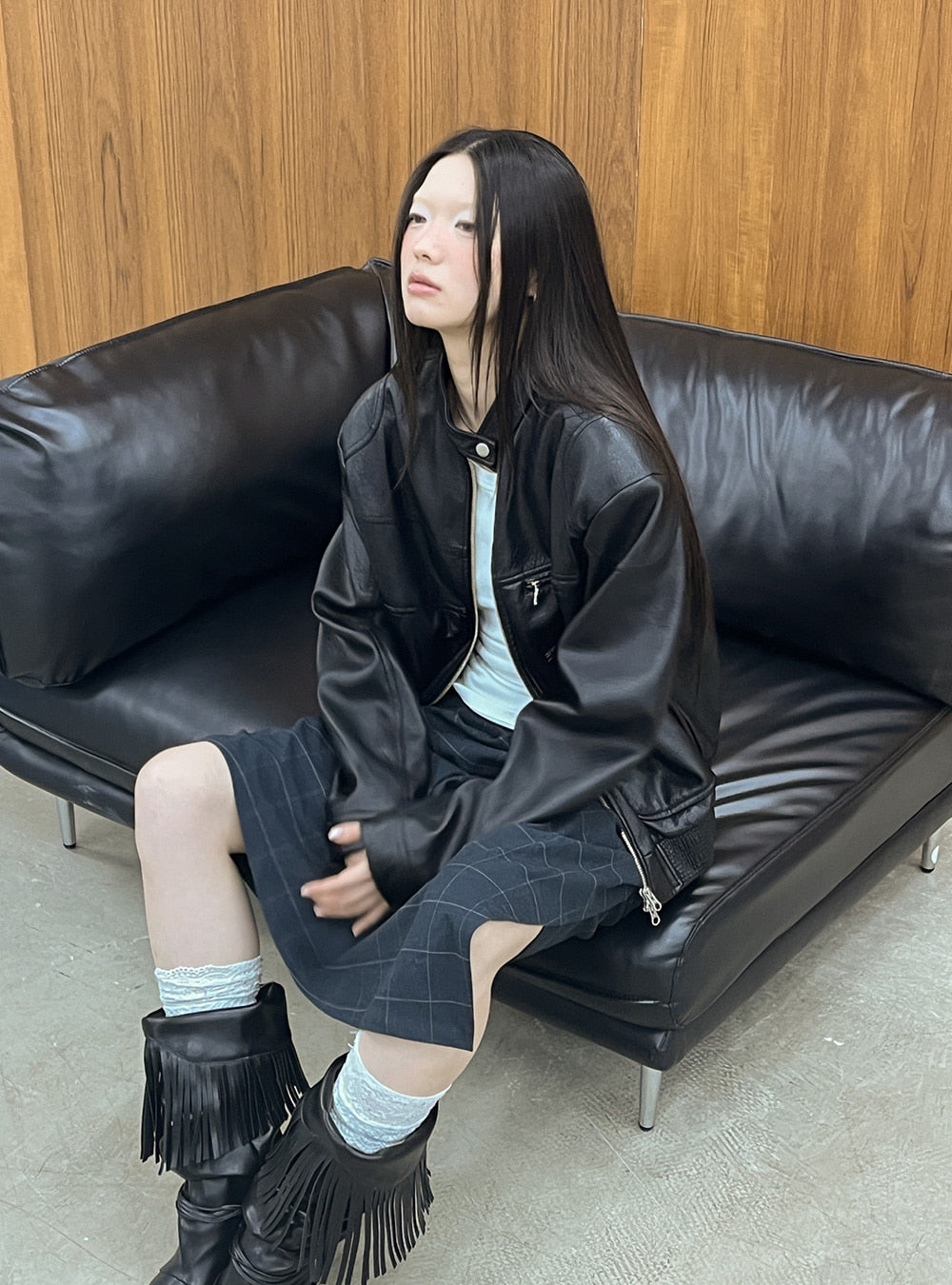 Leather Metal Collar Biker Jacket