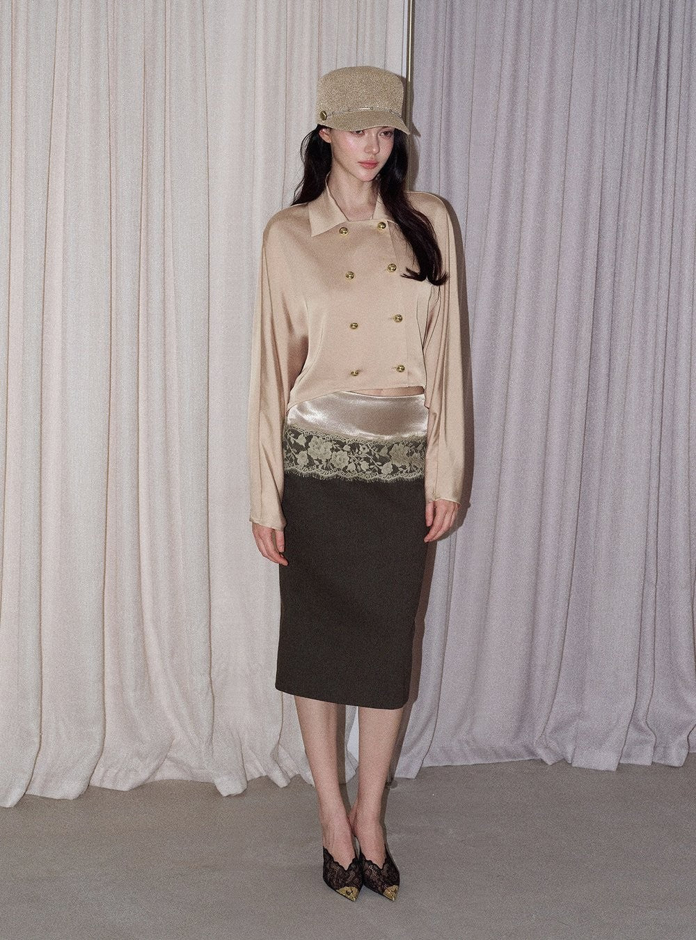 Lace Satin Trim Midi Skirt