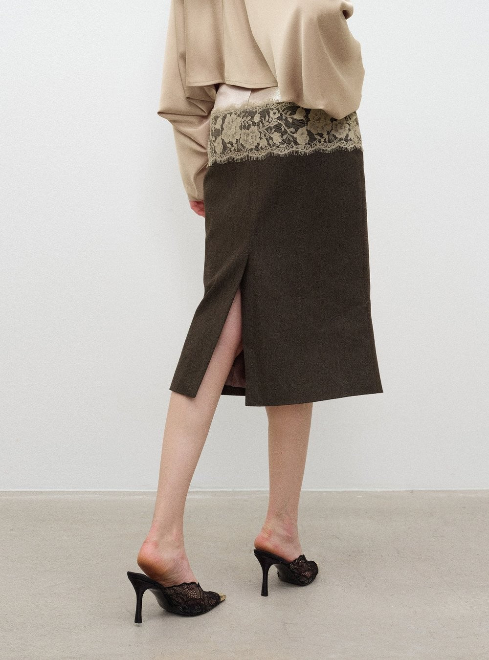 Lace Satin Trim Midi Skirt