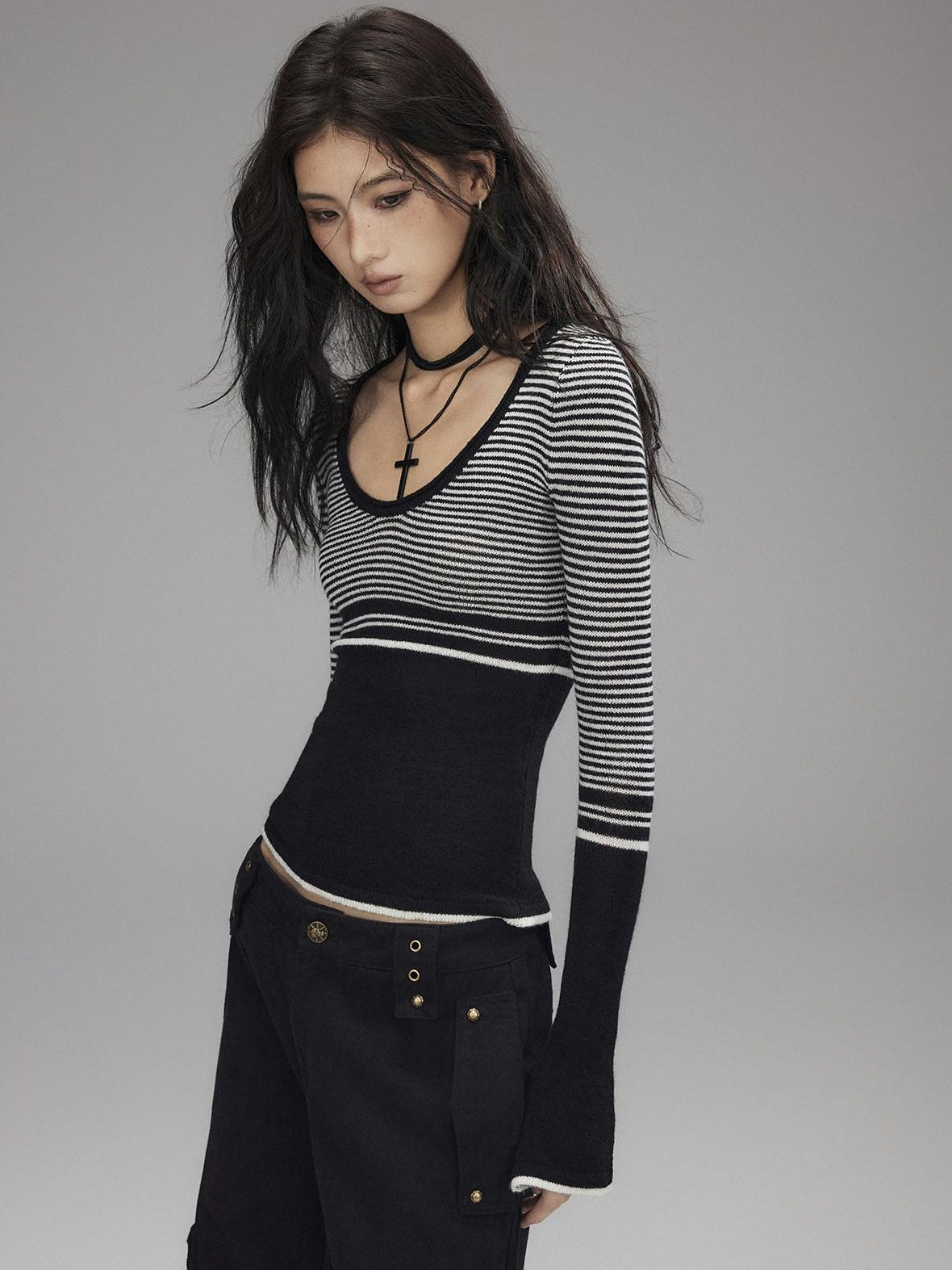 Soft Acrylic Slim V-neck Striped Casual Women Everyday Long Sleeve T-Shirts