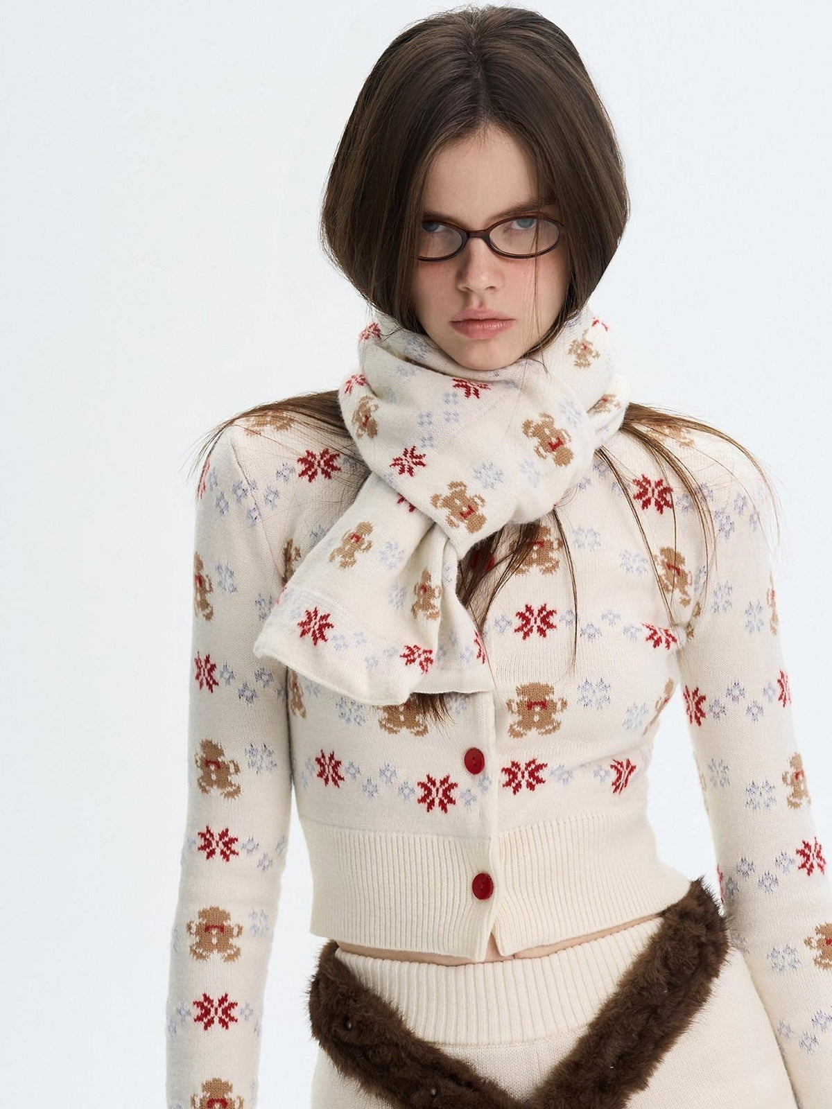 Cashmere Blend Bear Jacquard Cute Slim Cropped Crewneck Knitwear Cardigans