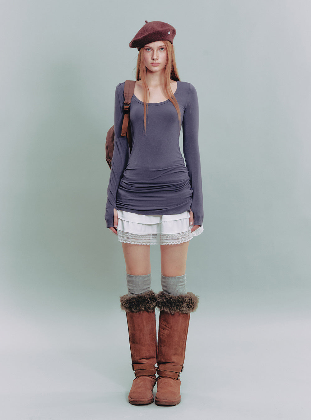 Scoop Neck Button Long Sleeve Top (2color)