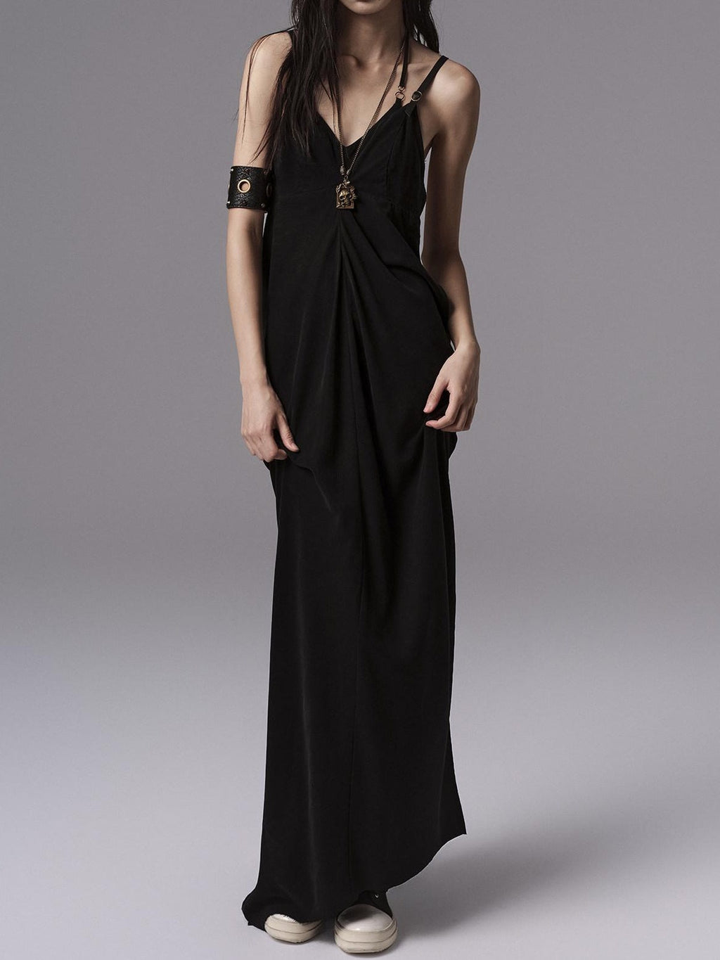 Pure Cupro Slim Fit Dark Gothic Vneck Camisole Women Black Zip Back Maxi Dresses