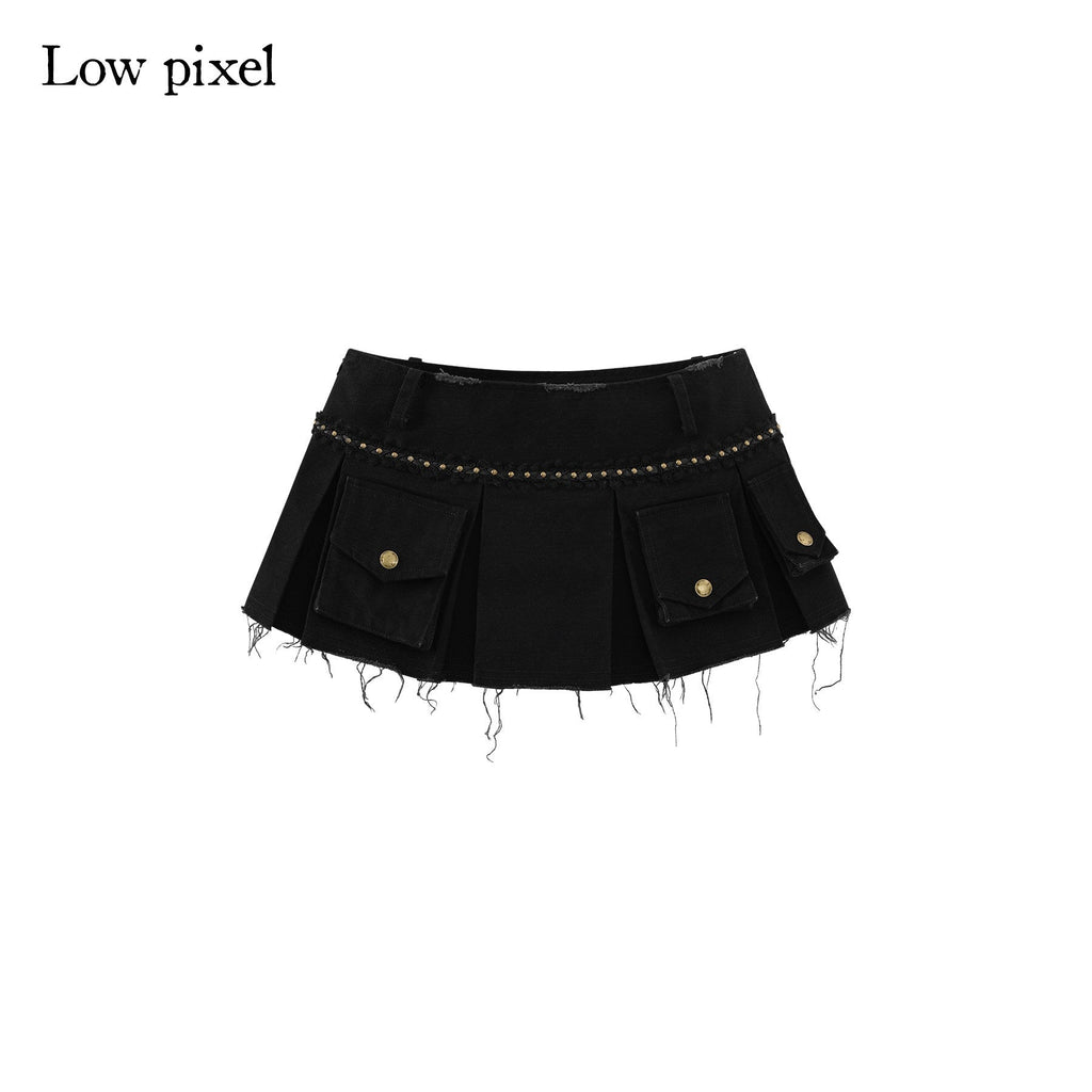 100% Cotton Low Waist Pleated A Line Sexy Women Daily Black Mini Skirts