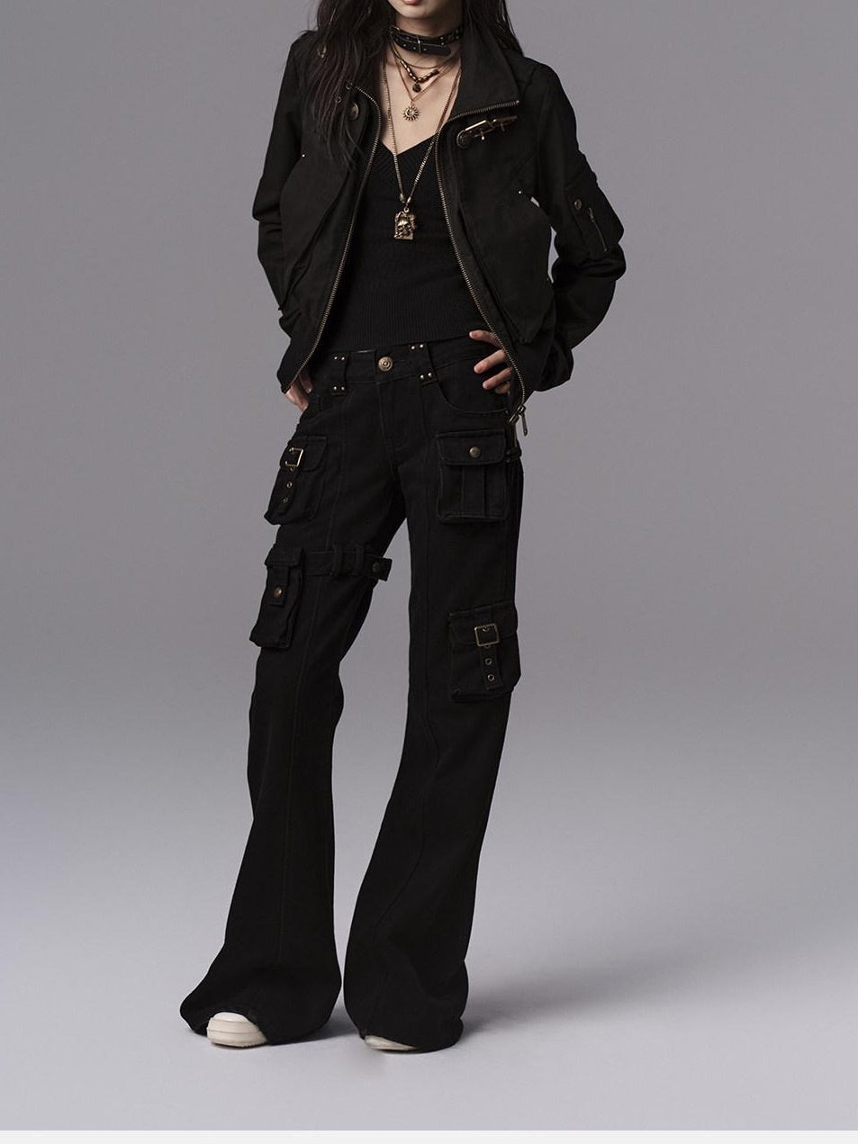 Dark Gothic Flared Mid Rise Pocketed Cotton Zip Fly Women Black Cargo Pants