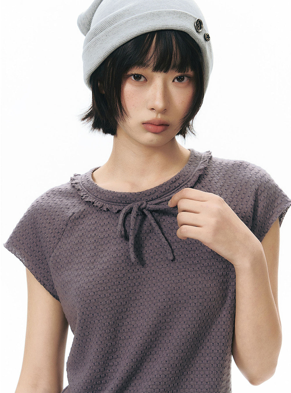 Grayish Purple Ribbon Neck Top