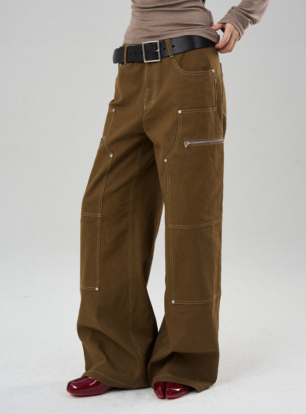 Quilted Studded Washed Cargo Pants