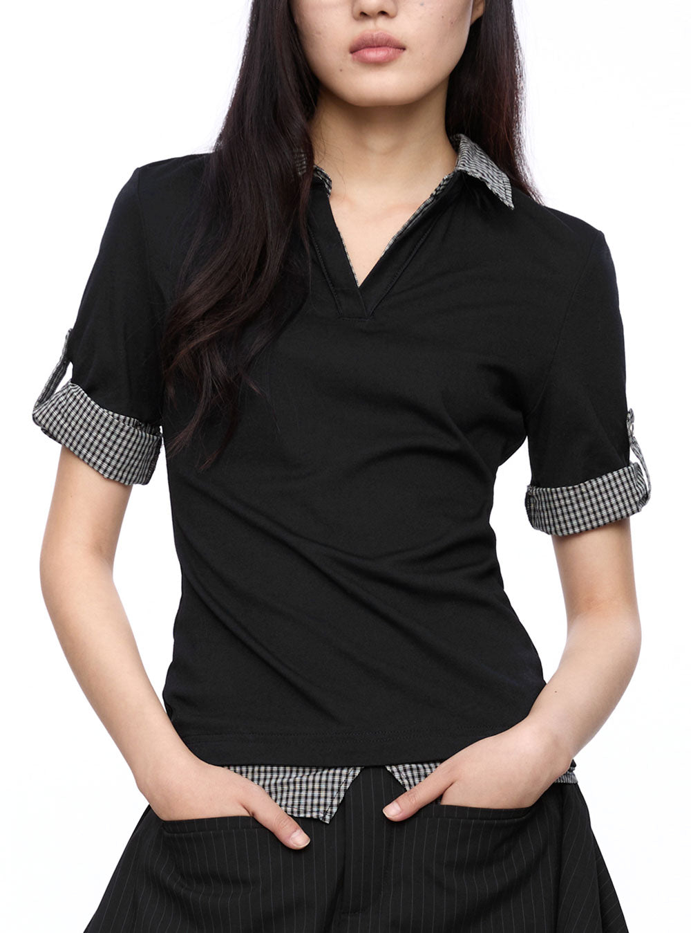 Checkered Patchwork Polo Short Sleeve Top