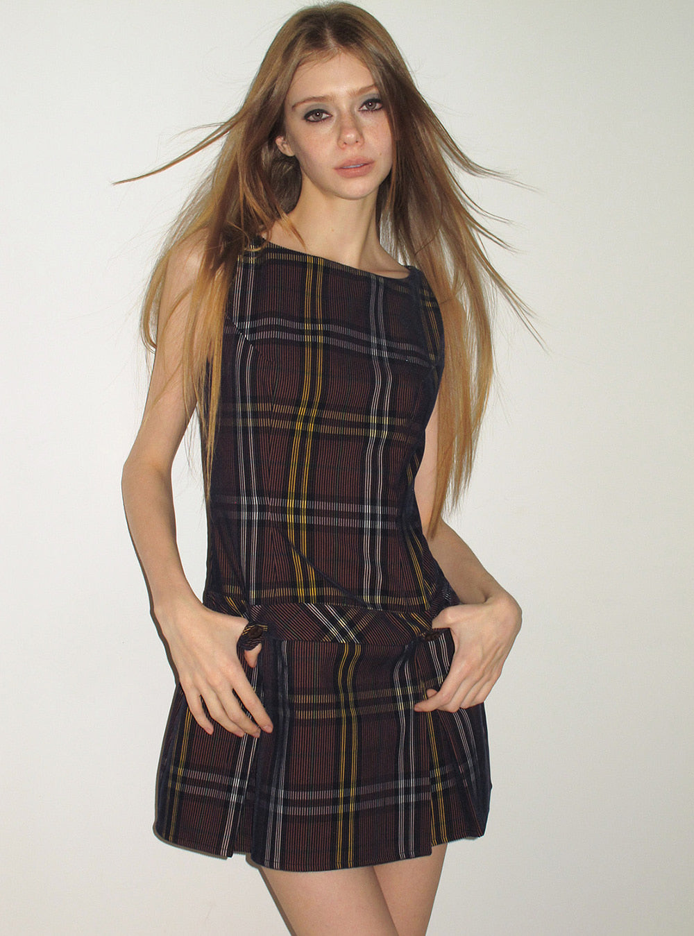 Muted Plaid Sleeveless Mini Dress