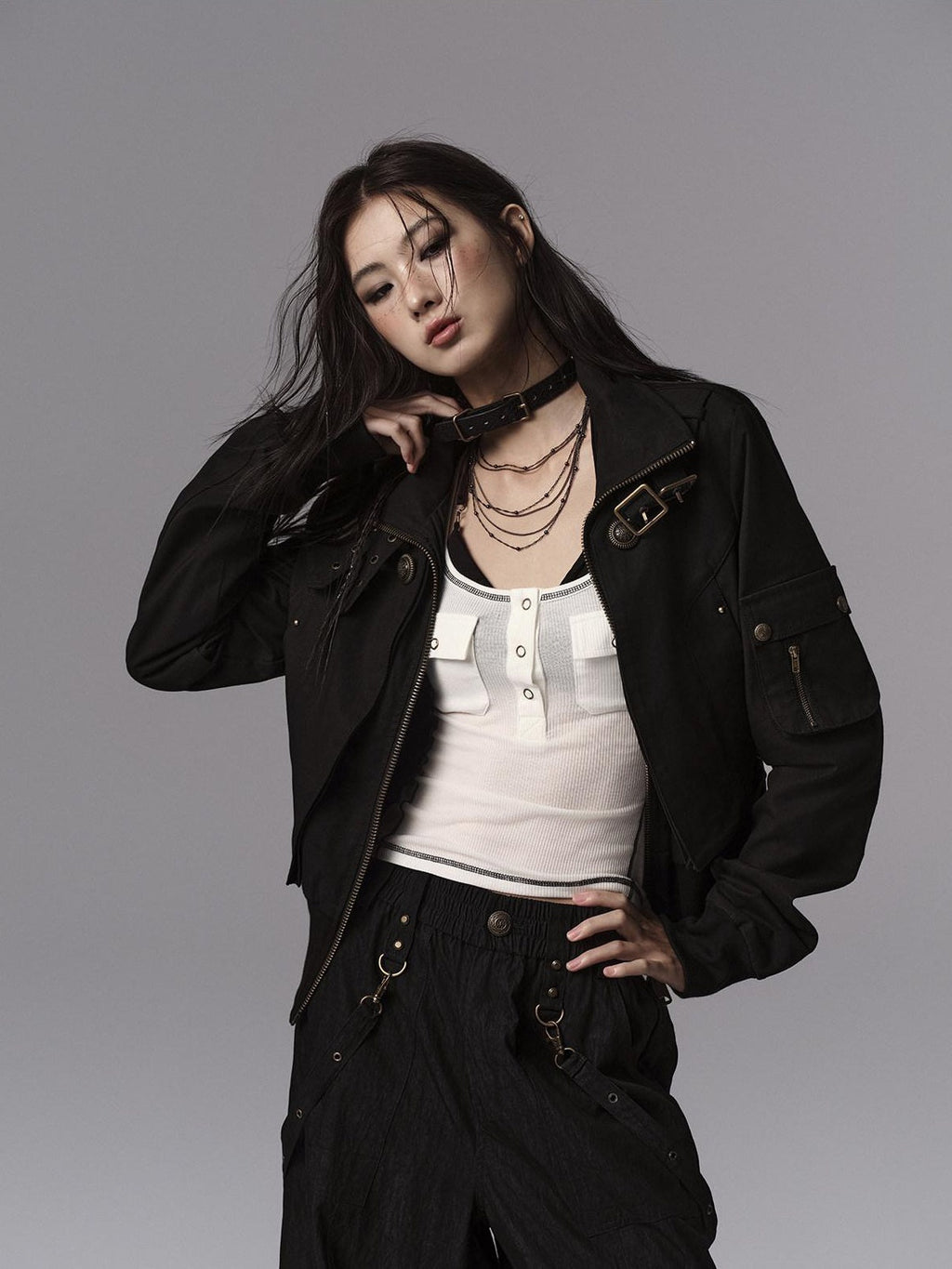 Windproof Vintage Slim Metal Detail Women Cotton Lyocell Button Cropped Jackets
