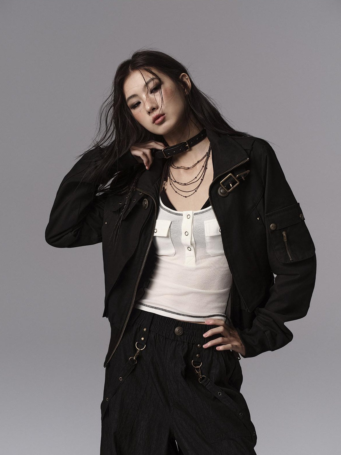 Windproof Vintage Slim Metal Detail Women Cotton Lyocell Button Cropped Jackets