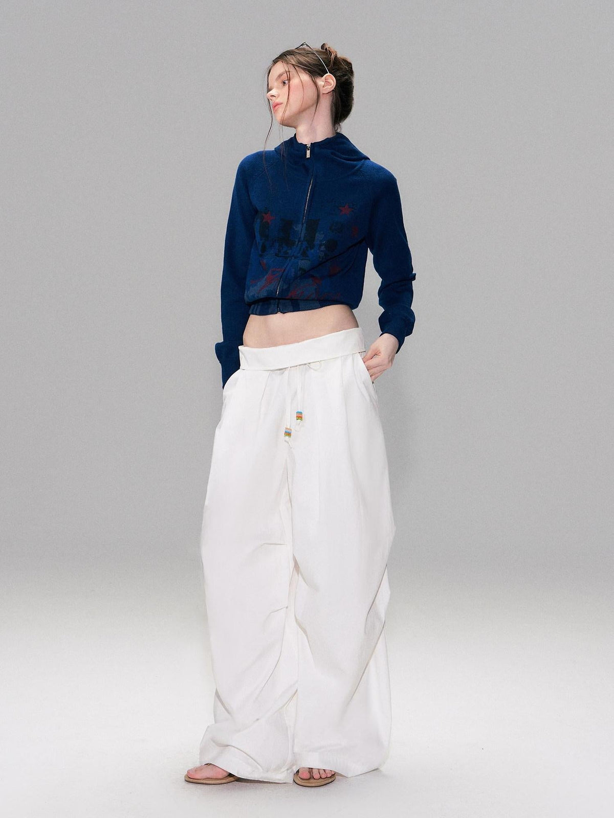 Cotton Blend Vintage Curved Cut Natural Waist Women White Wide Leg Pants
