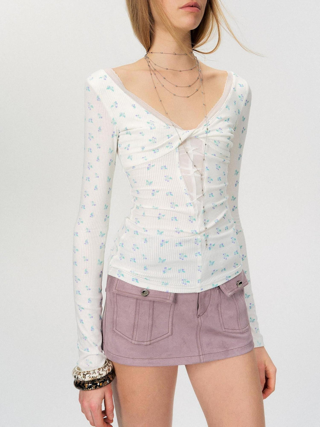 Sexy Mesh Floral Spliced Fitted Womens Stretch Long Sleeve Crop Tops